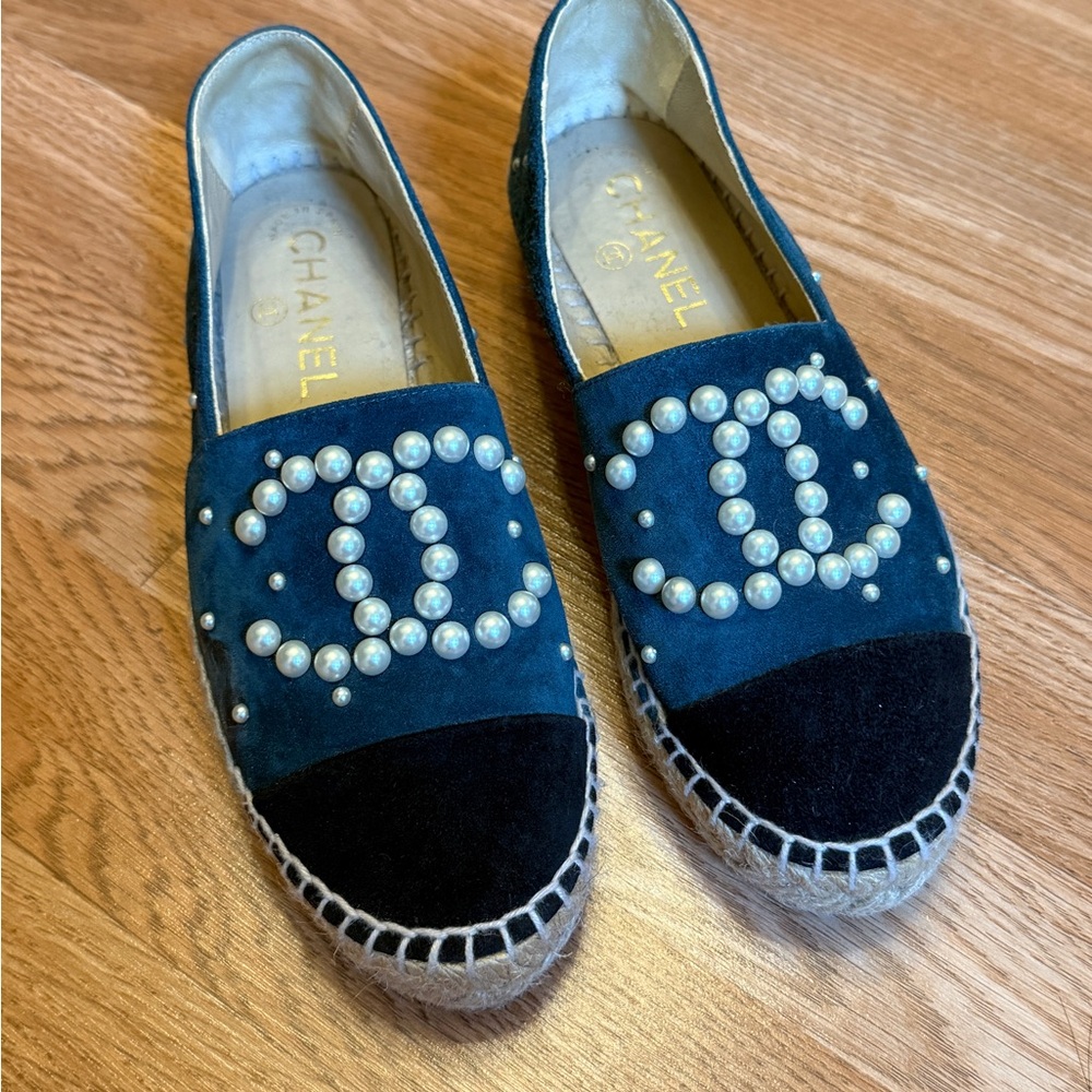 CHANEL Suede Espadrilles with Pearl Accents